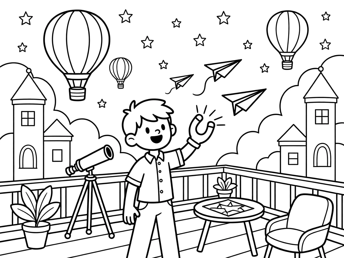In a starlit rooftop deck used for stargazing parties, inventor kid Turbo testing a magnet glove guiding a hot-air balloon race between floating cloud cities, while a fleet of paper airplanes gliding past adds to the excitement.