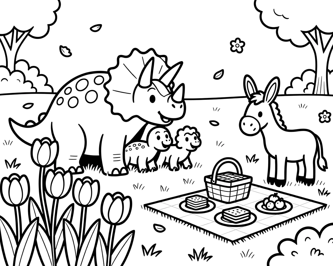 A triceratops family playing hide and seek among the flowers with a donkey at a picnic in the park, near a bed of tulips, while a gentle breeze scatters flower petals.