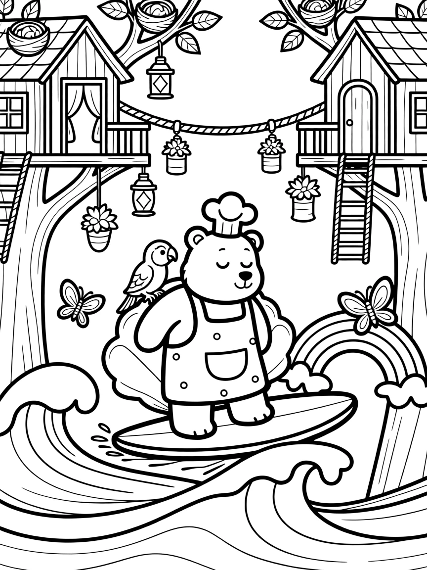 A sleepy bakery owner bear is riding a wave on a surfboard shaped like a shell inside a treehouse village connected by rope bridges, joined by a chatty parrot perched on one shoulder and a rainbow of butterflies fluttering by. It's shaping up to be the happiest day in the whole kingdom.