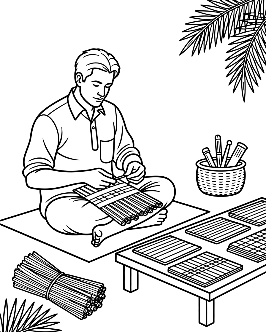 A coloring page showing a creative craft moment in Sri Lanka: a craftsman weaving a colorful reed mat by hand, with finished pieces displayed proudly on a nearby table.
