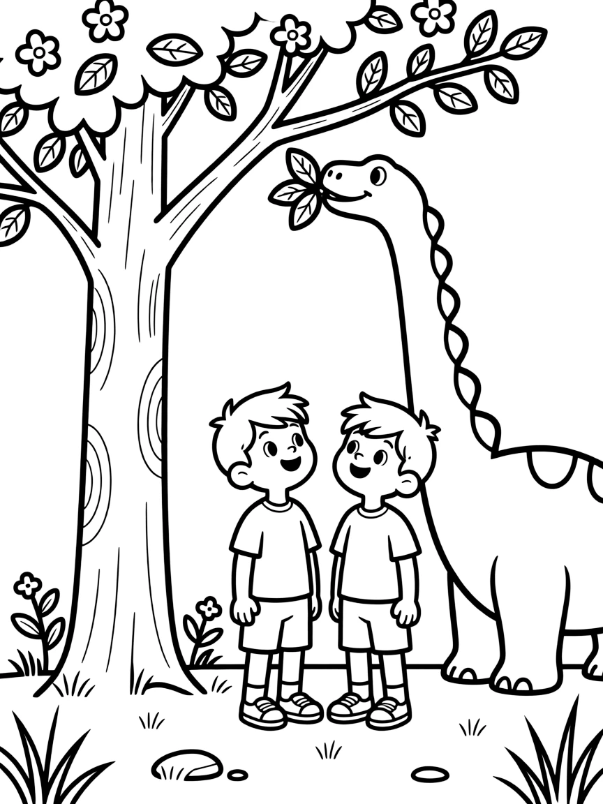 curious twin brothers watch a friendly long-necked dinosaur munch leaves from a tall tree.