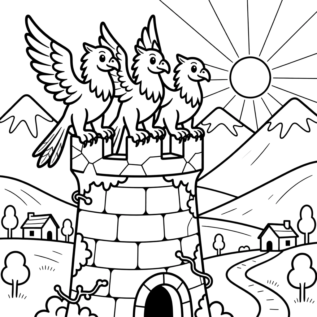 A trio of griffins perch atop a crumbling tower, watching over a valley kingdom as the sun rises behind snow-capped mountains.