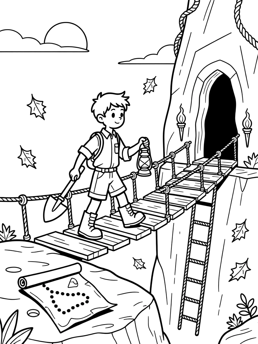 [Treasure Hunts] an adventurer with a shovel and lantern following a rope bridge to a hidden temple inside a torch-lit cave, concentrating hard with a focused expression, while an old map with a dotted trail lies unrolled fills the surrounding area. A rope ladder dangles into the depths below. Set at sunset, with autumn leaves swirling in the wind, the page bursts with adventure and imagination.