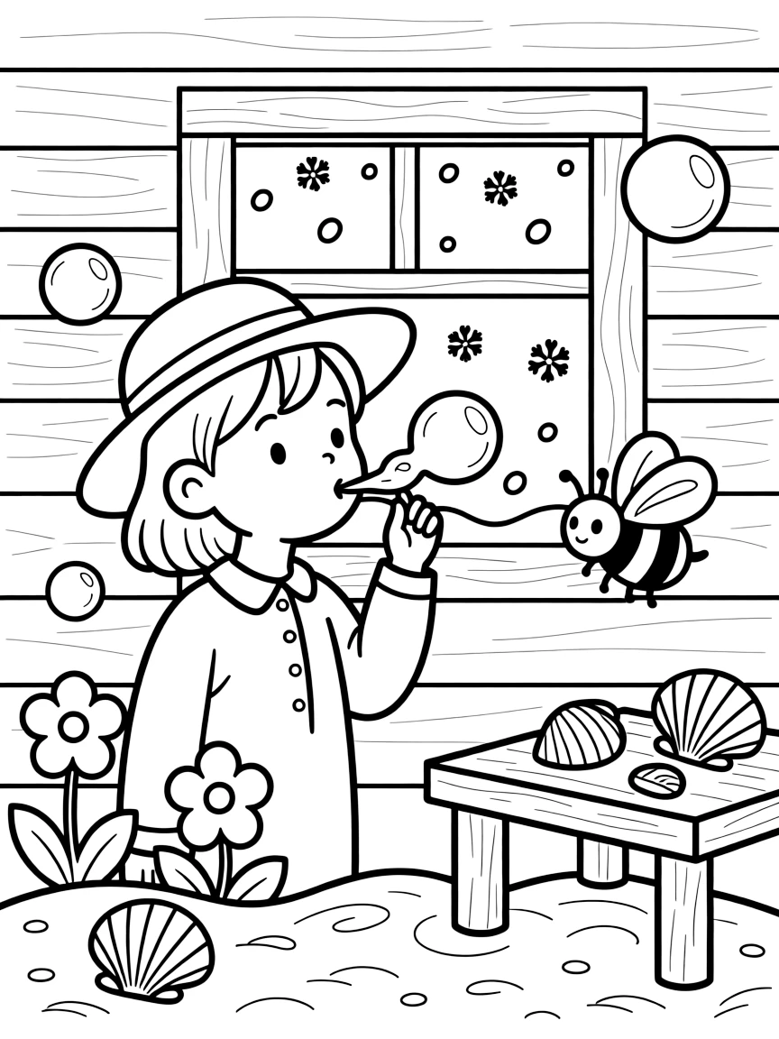 A girl beekeeper in a wide-brimmed veiled hat is blowing a stream of shimmering soap bubbles inside a cozy log cabin during a gentle snowstorm. All around, a curious bumblebee buzzing among the blooms and glittering seashells scattered on the sand add a playful, cheerful touch.