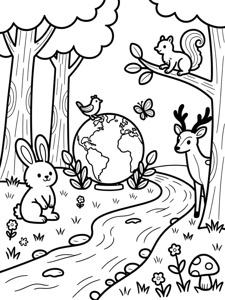 A wide view beside a babbling brook surrounded by tall trees, featuring a globe surrounded by smiling plants and animals, a floppy-eared bunny, and a curious deer peeking from the trees, with a squirrel scampering along a branch nearby.