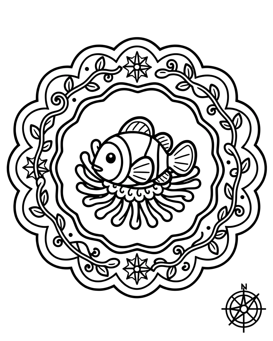 Ocean Creatures: The main subject is a clownfish nestled among sea anemone fronds, drawn as the focal point of a scalloped wreath mandala with rounded overlapping arcs. It is placed at the very center of the page, with the surrounding rings growing larger and more detailed toward the outer edge. Decorative details fill the surrounding space, including swirling vine tendrils, rows of curling wave shapes, and pinwheel blades spinning in place woven throughout the background. A playful extra touch completes the page: a tiny compass shape resting in one corner of the design.