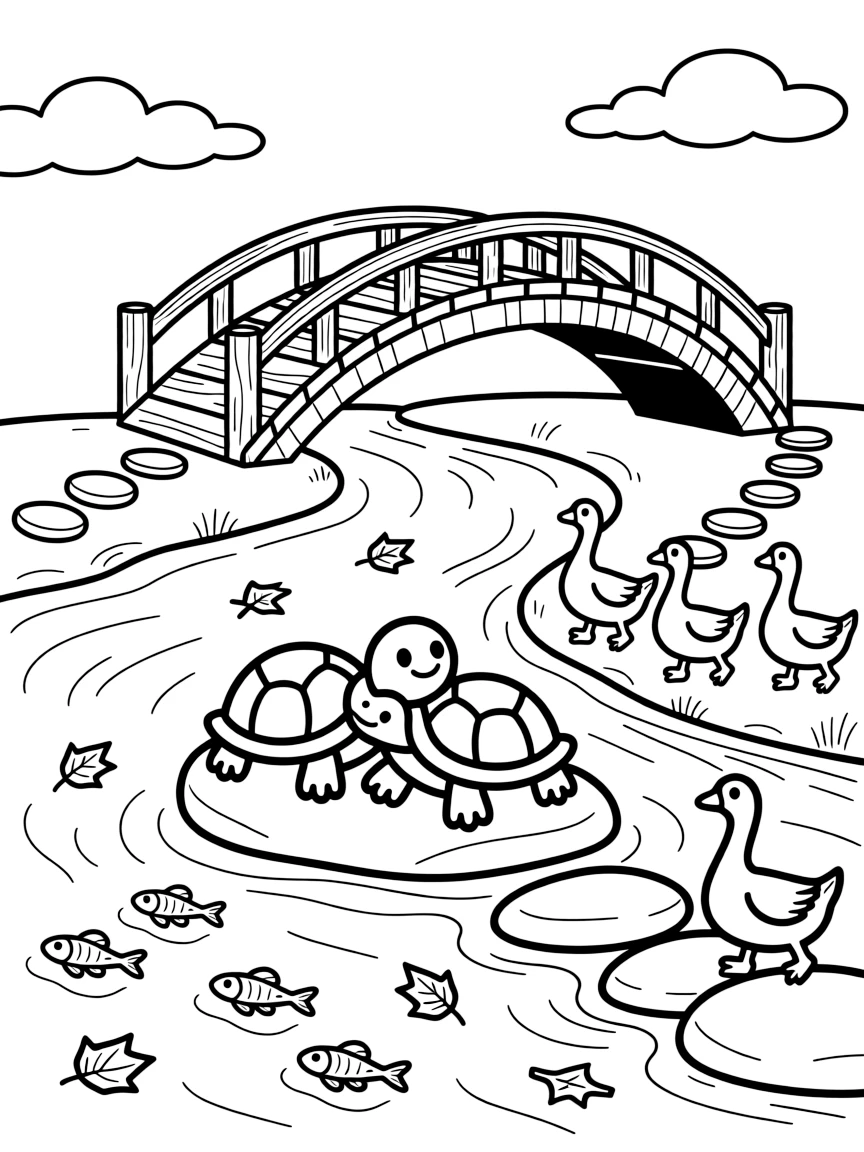 [River Adventures] A family of turtles suns themselves on a row of flat stones poking out of the current. A family of geese waddles along the shore while minnows dart through the shallow water. A rustic wooden bridge arches over the river, with smooth stepping stones leading across a shallow bend. A gentle current carries fallen leaves downstream beneath a sky full of drifting clouds.