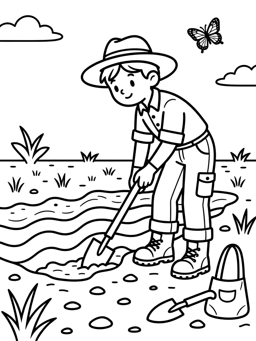A soil scientist digs a small trench to examine layers of dirt in a field.