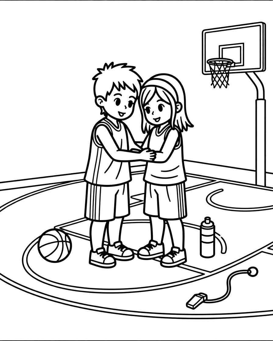 A pair of twin siblings, huddling at midcourt for a quick strategy talk before the second half begins.