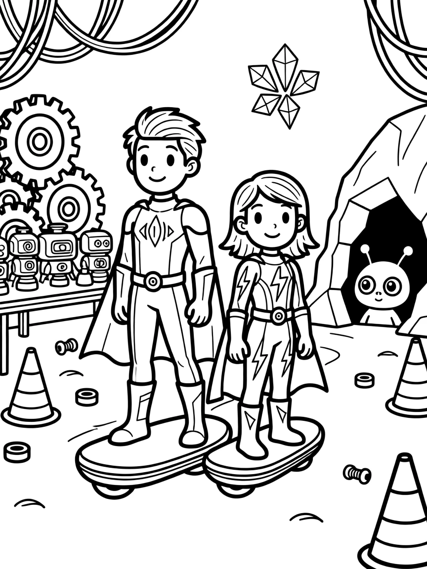Twin superhero siblings Radian (sound-blasting) and Cosmo (electric) organizing a relay race with hoverboards around a crater track in a robot workshop cluttered with gears, wires, and half-built inventions, as a curious alien creature peeking out from behind a rock and a cluster of floating crystals humming softly fill the scene.