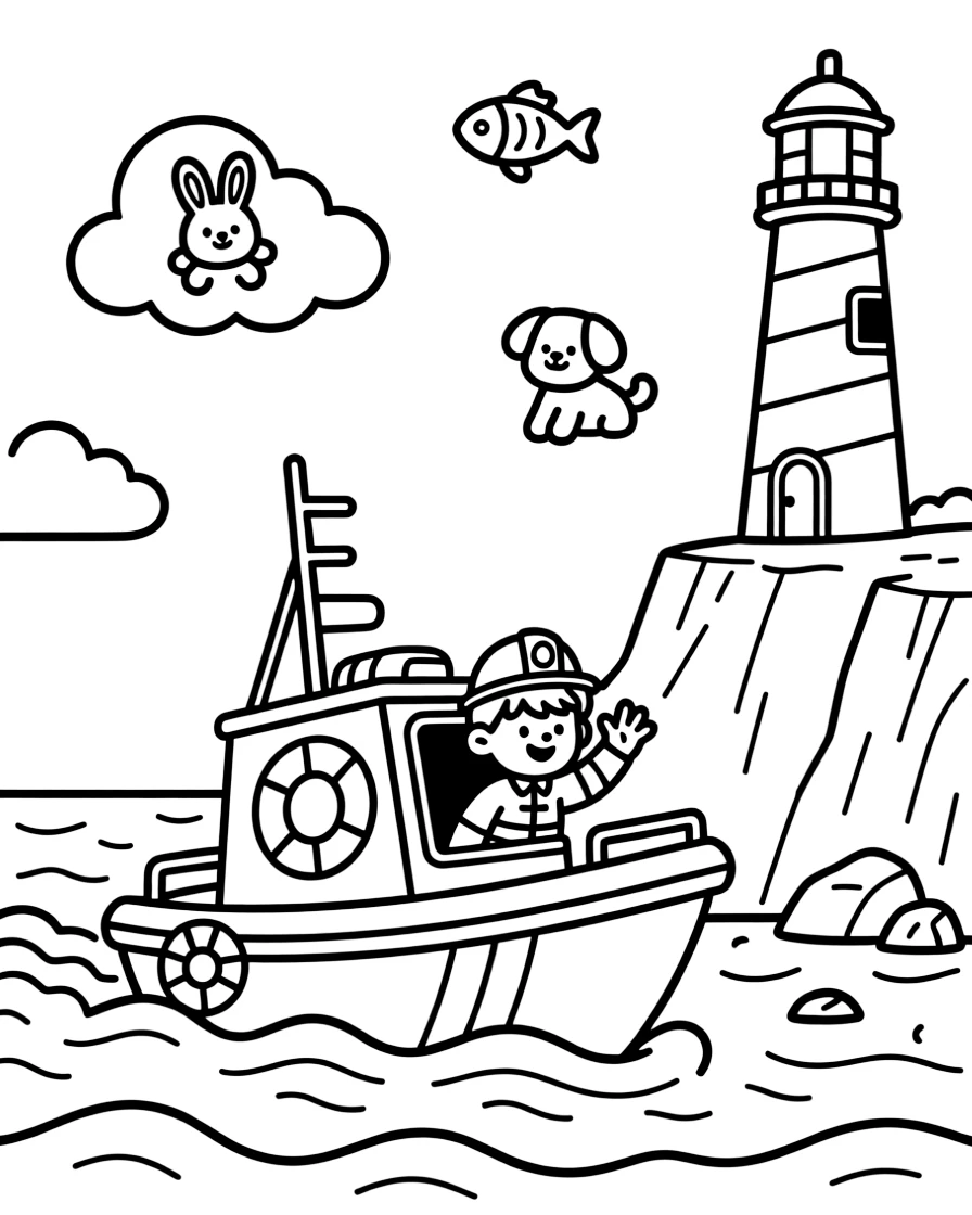 A coast guard rescue boat riding over choppy waves is shown journeying through a rocky coastline with a striped lighthouse on the cliff, with a proud firefighter leaning out to wave close by and fluffy clouds shaped like animals drifting overhead completing the lively scene.