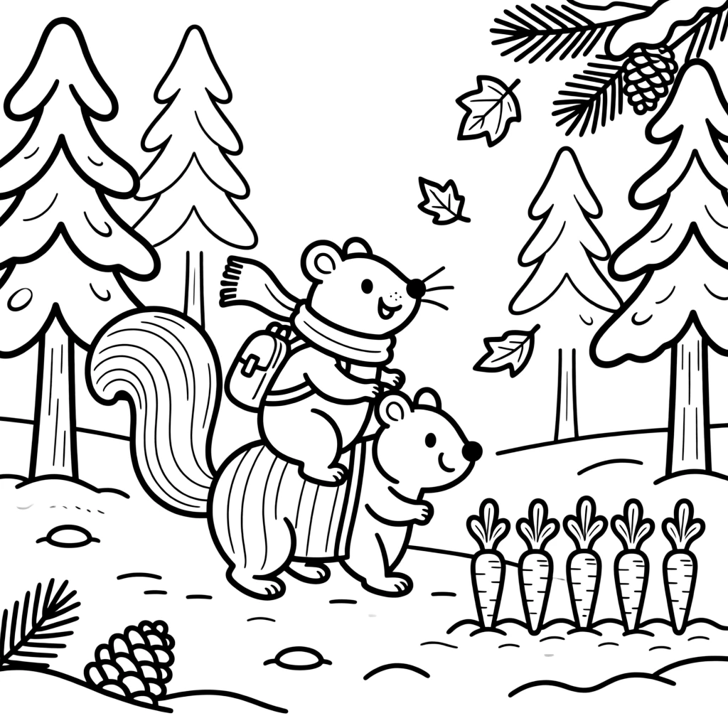 A mole riding on the back of a chipmunk in a snowy pine forest, near a row of carrots, as autumn leaves swirl in the wind.