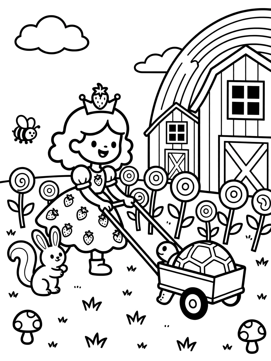 Twinkly and full of excitement, a strawberry princess spends the day planting a garden of lollipop flowers on a farm with rainbow-striped barns. Nearby, a cart pulled by a very determined turtle adds to the fun. Every creature nearby wants to join in the fun.