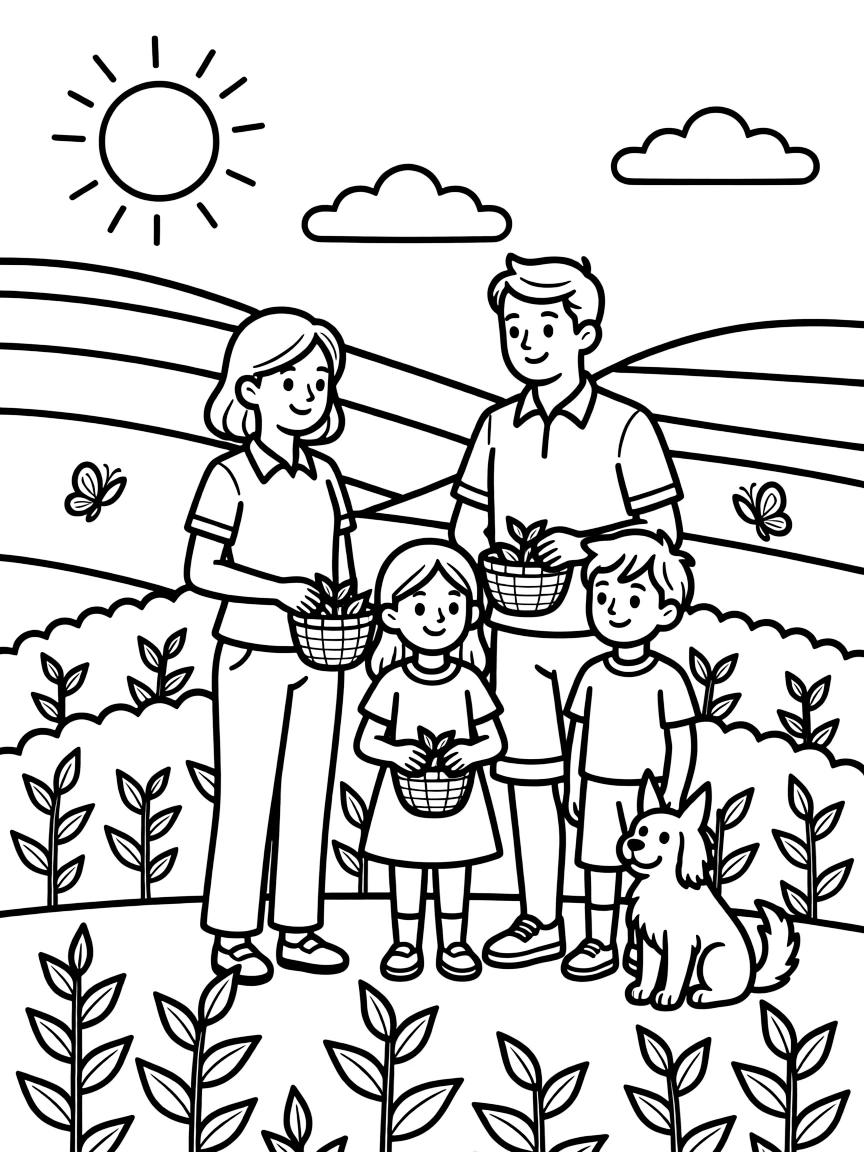 A coloring page capturing everyday life in Sri Lanka: a family picking tea leaves on a terraced green hillside, with a loyal pet nearby and a warm sun shining overhead.