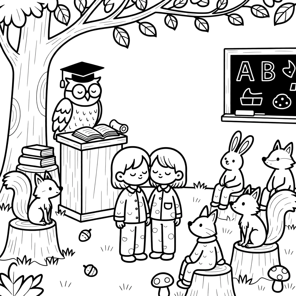 a sleepy pair of best friends meets a wise old owl professor teaching a class of woodland animals.