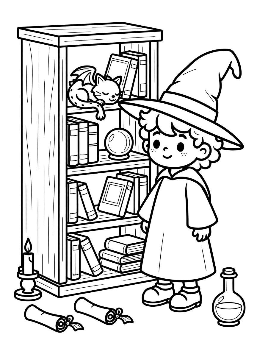 A wizard's familiar, a tiny dragon the size of a cat, curls up asleep inside his master's wide-brimmed hat on a bookshelf.