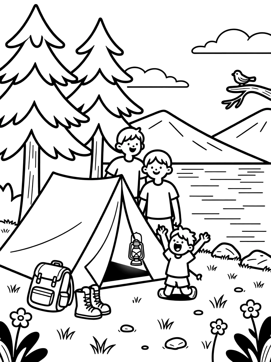 [Camping] a family setting up a tent pitching a tent under tall pines beside a calm mountain lake, letting out a triumphant roar, while a tent glows softly from a lantern inside fills the surrounding area. A backpack and hiking boots sit nearby. Set during a bright summer day, with heat waves shimmering in the distance, the page bursts with adventure and imagination.