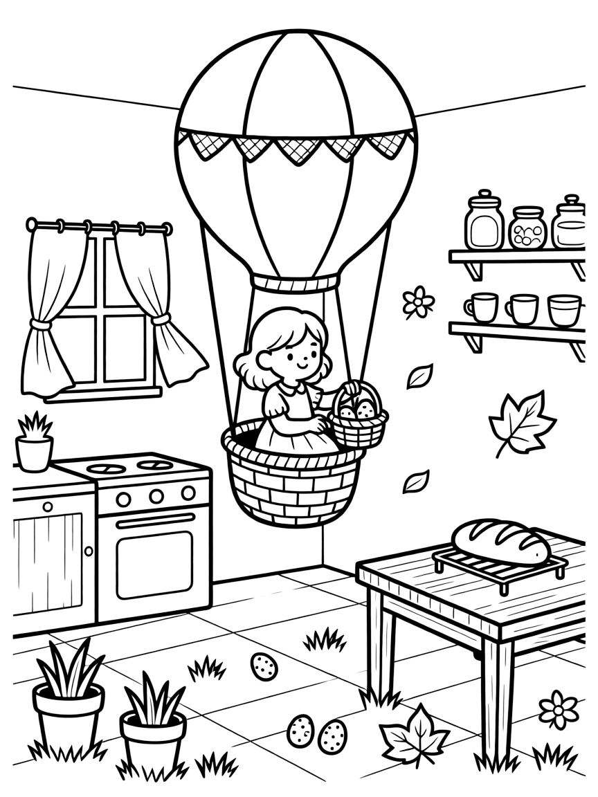 A girl riding in the basket of a hot air balloon is searching for hidden eggs tucked in the grass in a cozy kitchen filled with the smell of fresh bread. Nearby, scattered flower petals drifting in the breeze and swirling autumn leaves in every color make the scene feel magical.