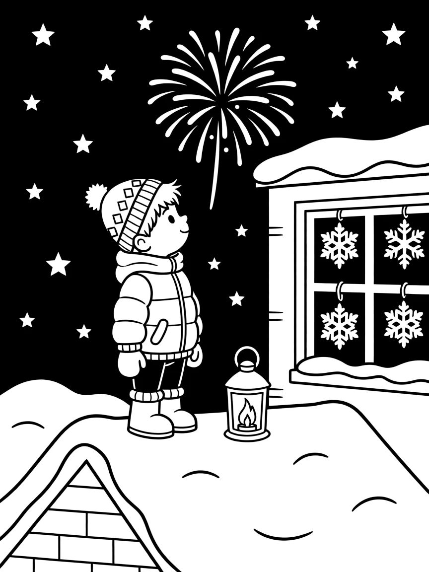 A burst of fireworks lighting up the midnight sky on a snowy rooftop under a starry night sky, alongside a curious little boy and a lantern glowing softly in the snow, with paper snowflakes hanging in a window close by.
