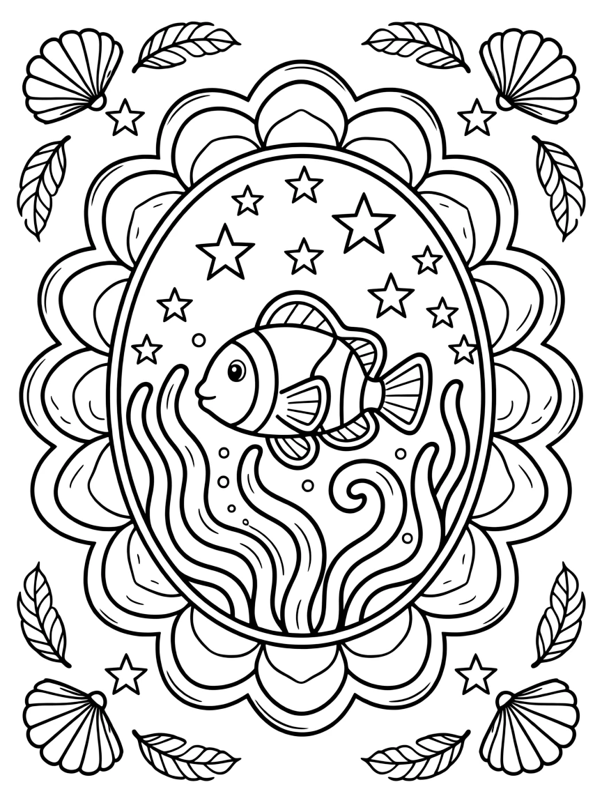 Ocean Creatures: The page centers on a repeating motif of a clownfish nestled among sea anemone fronds, built around an arched dome mandala built from layered nested arches. The motif is arranged evenly around the four edges of the page, forming a continuous decorative frame around a clear center space. Decorative details fill the surrounding space, including tightly coiled spiral shells, fan-shaped feather clusters, and tiny pinwheel stars woven throughout the background. A playful extra touch completes the page: a scattering of small stars filling in any open gaps in the pattern.
