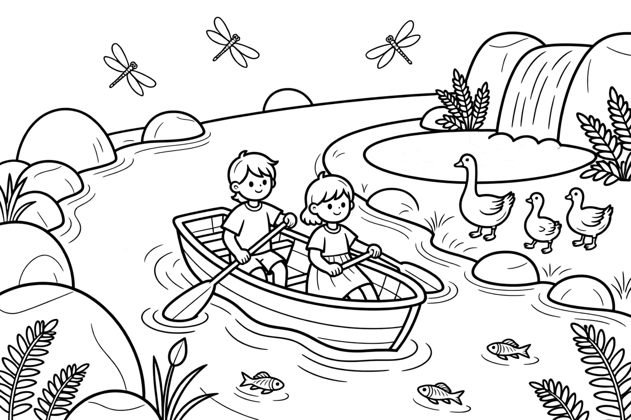[River Adventures] Two children paddle a small wooden canoe past smooth boulders in a winding river. A family of geese waddles along the shore while minnows dart through the shallow water. The river winds past a small waterfall tumbling into a clear pool ringed with ferns. Golden afternoon light glows on the water as dragonflies dance above the surface.