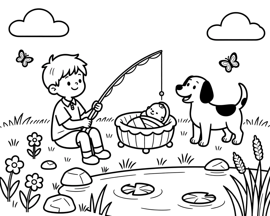 A little boy fishing with a small rod with a new baby sibling by a small pond while a friendly dog wags its tail.