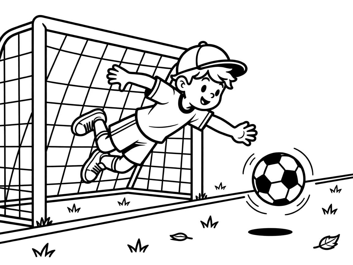 A confident boy wearing a bright cap, diving to save a low shot along the goal line, ball bouncing away safely.