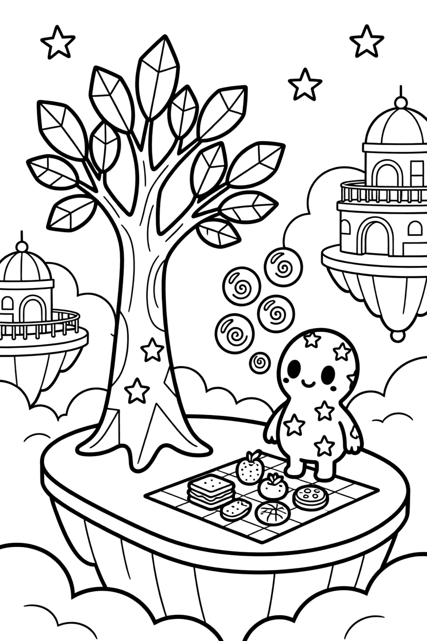 Bounce, a gentle alien creature covered in star-shaped spots measuring the height of a giant crystal tree for a science project, in a cloud city built on giant floating platforms above the clouds, with a cluster of soap-bubble-like energy shields and a picnic blanket spread with snacks under the stars nearby.