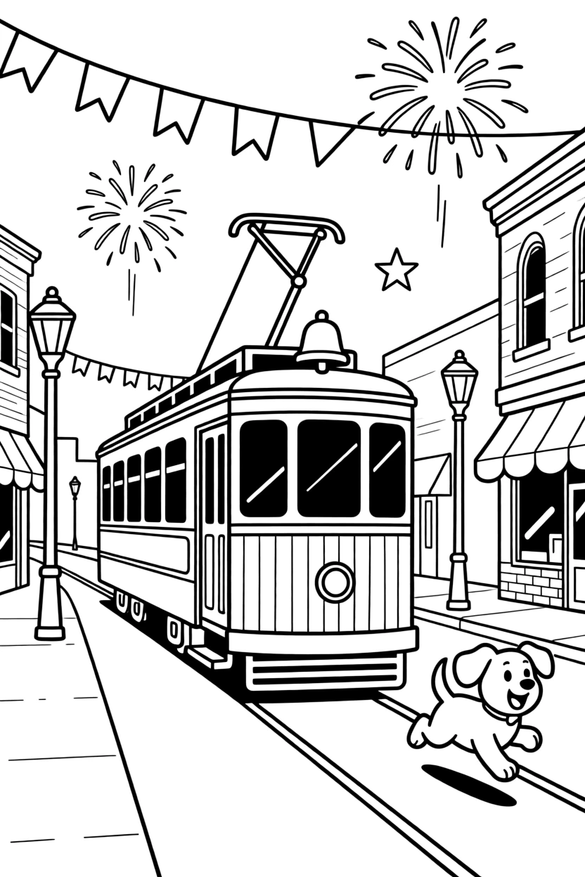A rattling old streetcar with a bell on top is shown journeying through a small town main street decorated with fluttering flags, with an excited puppy chasing along the road close by and fireworks bursting in the sky in the background completing the lively scene.