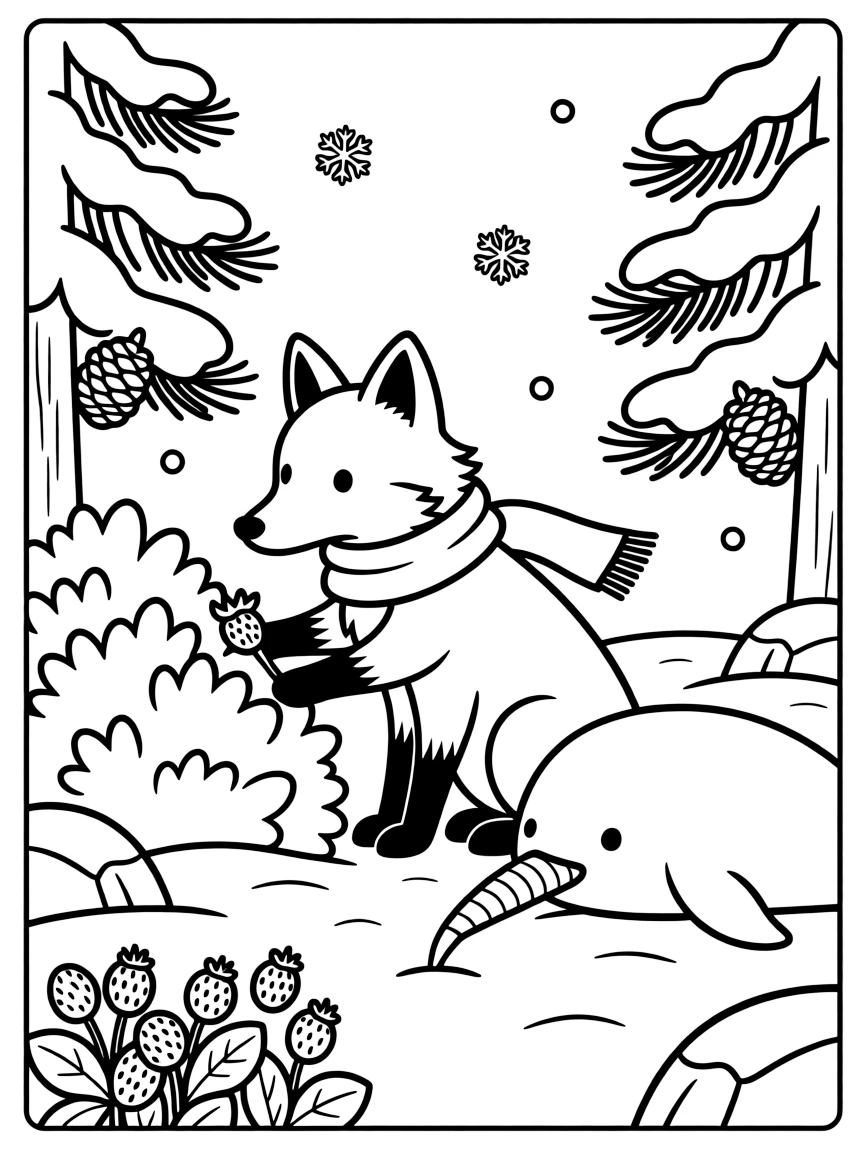 A arctic fox harvesting ripe fruit alongside a narwhal in a snowy pine forest, near a patch of wild strawberries.