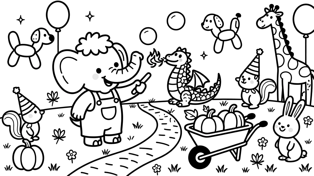 A jolly baby elephant painter is teaching a baby dragon to blow bubbles instead of fire at a birthday party decorated with balloon animals, joined by twinkling fireflies lighting up the path and a wheelbarrow full of freshly picked pumpkins. Every creature nearby wants to join in the fun.