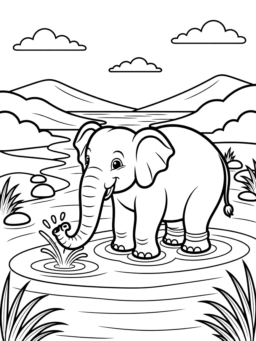 A coloring page of a friendly elephant bathing in a river in Sri Lanka, set against a scenic backdrop with soft clouds and a distant mountain or shoreline.
