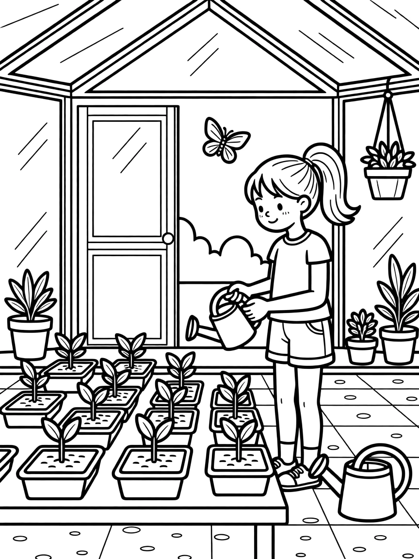 a determined young girl waters seedlings in neat rows inside a sunny greenhouse.