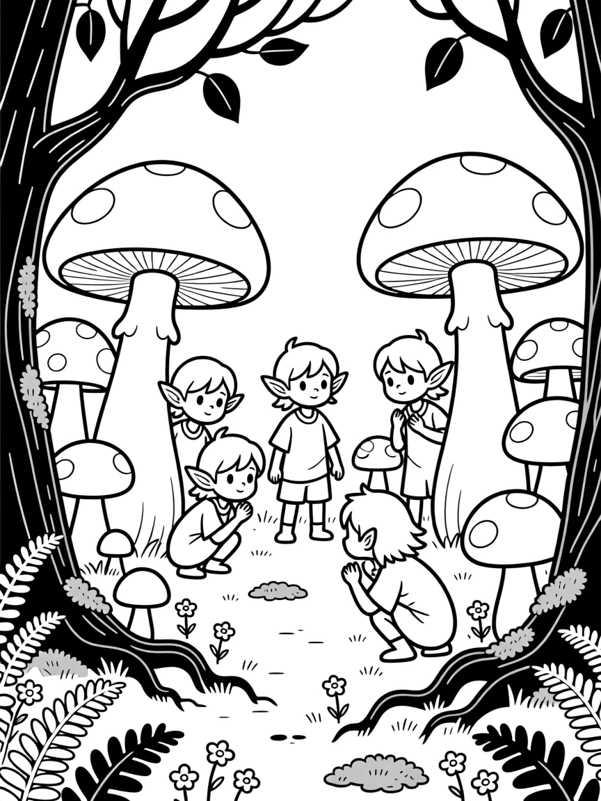 A group of elf children play hide-and-seek among giant glowing mushrooms in a twilight forest clearing.
