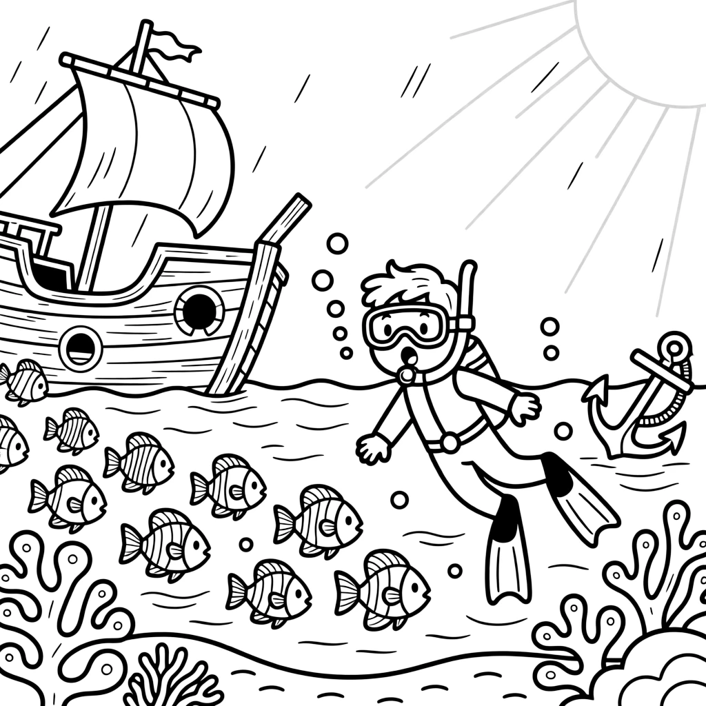[Sea Creatures] a colorful school of tropical fish swimming alongside a diver near a sunken pirate ship, gasping in amazement, while rays of sunlight filter down through the water fills the surrounding area. Coral formations add interesting shapes nearby. Set just after a rainstorm, with a light drizzle just ending, the page bursts with adventure and imagination.