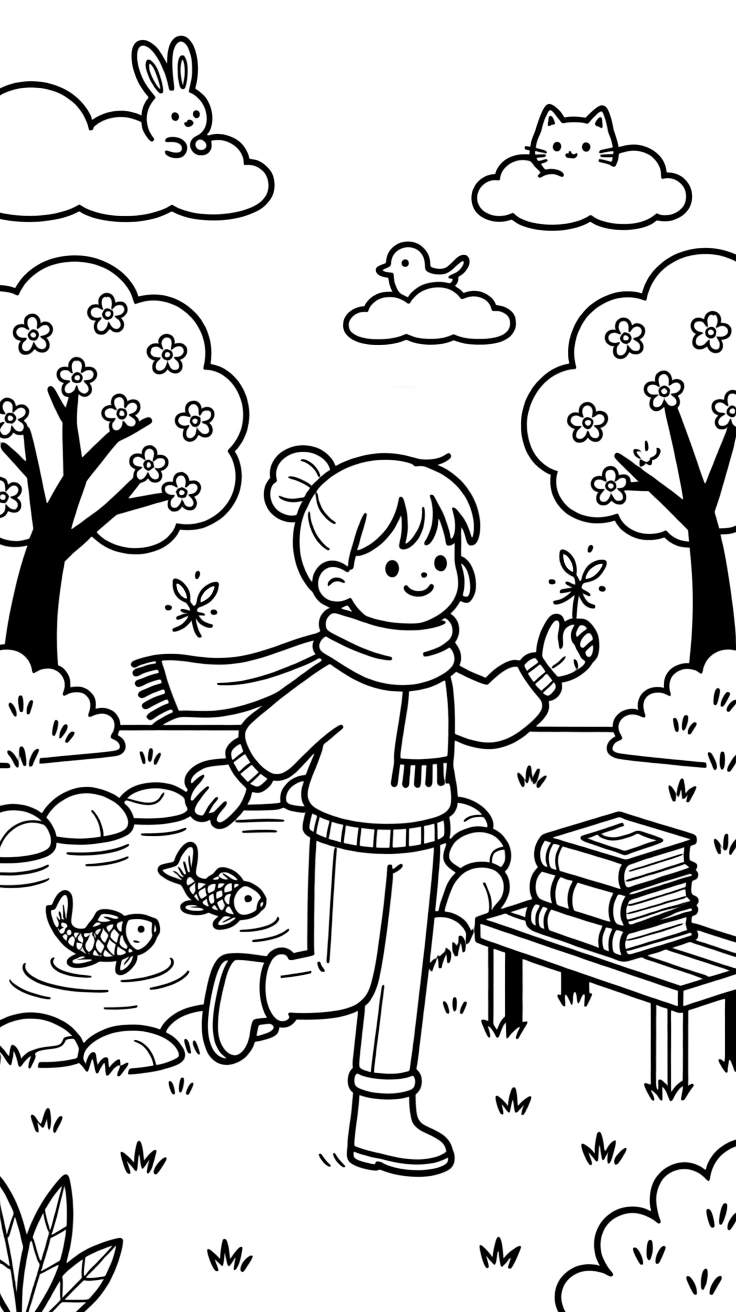 A girl bundled in a cozy scarf and mittens is chasing fireflies just as the sky turns purple in a peaceful Japanese garden beside a koi pond. In the background, a stack of well-loved picture books nearby and fluffy clouds shaped like little animals give the moment a cozy feel.