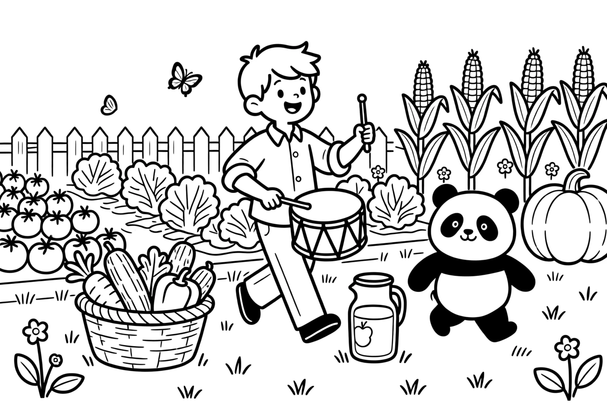 A drummer leading a joyful harvest procession in a community garden bursting with ripe vegetables, alongside a chubby panda cub and a basket brimming with fresh vegetables, with a jug of fresh apple cider close by.