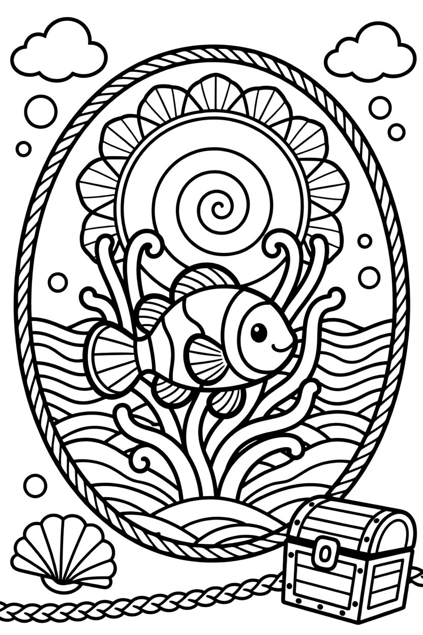 Ocean Creatures: The page presents a small themed scene built around a clownfish nestled among sea anemone fronds, tied together by a shell-spiral mandala coiling outward in smooth turns. The scene is set within a framed scene where every element on one side is echoed by a twin on the opposite side. Decorative details fill the surrounding space, including rounded puffy cloud shapes, rows of scalloped fan shapes, and bands of braided rope shapes woven throughout the background. A playful extra touch completes the page: a small treasure chest half-hidden along one edge of the design.