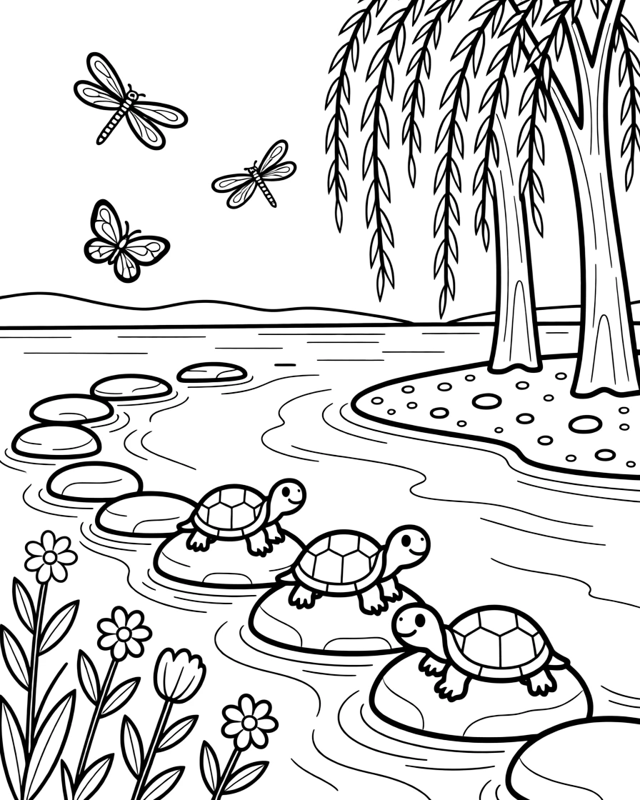 [River Adventures] A family of turtles suns themselves on a row of flat stones poking out of the current. Butterflies flutter along the bank where wildflowers grow between smooth river stones. Willow trees dip their branches into the water beside a sandy bank scattered with pebbles. Golden afternoon light glows on the water as dragonflies dance above the surface.