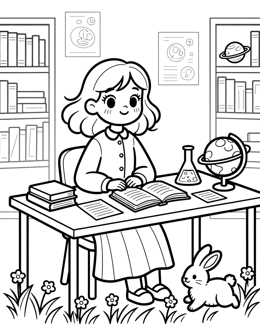 A dreamy-eyed girl checking out books at the library desk at a science fair while a rabbit hops through the grass.