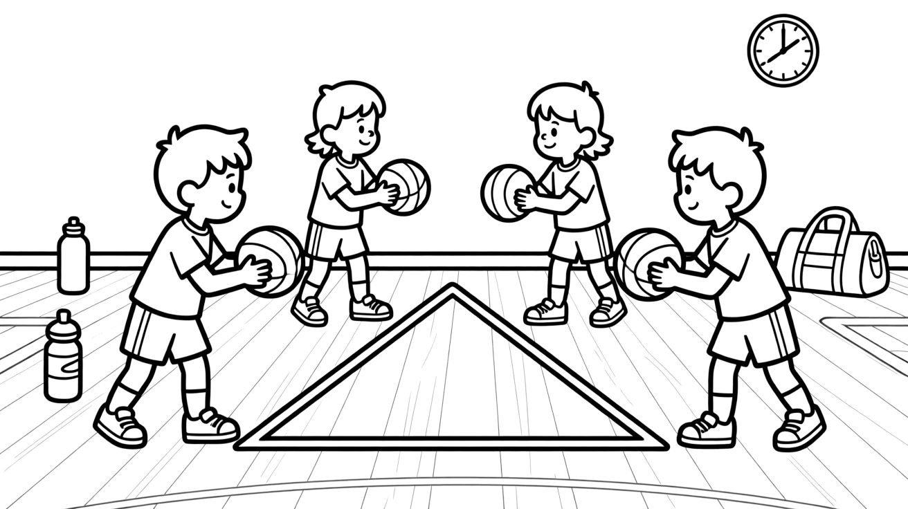 A group of classmates, warming up with passing drills in a triangle formation on the gym floor.