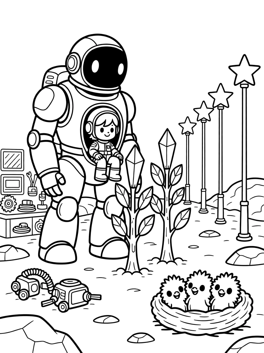 Young pilot Vega riding inside the friendly giant mech Guardian Prime helping plant a forest of crystal trees on a rocky moon, in a robot workshop cluttered with gears, wires, and half-built inventions, with a row of streetlights shaped like glowing stars and a nest of baby alien creatures chirping happily nearby.