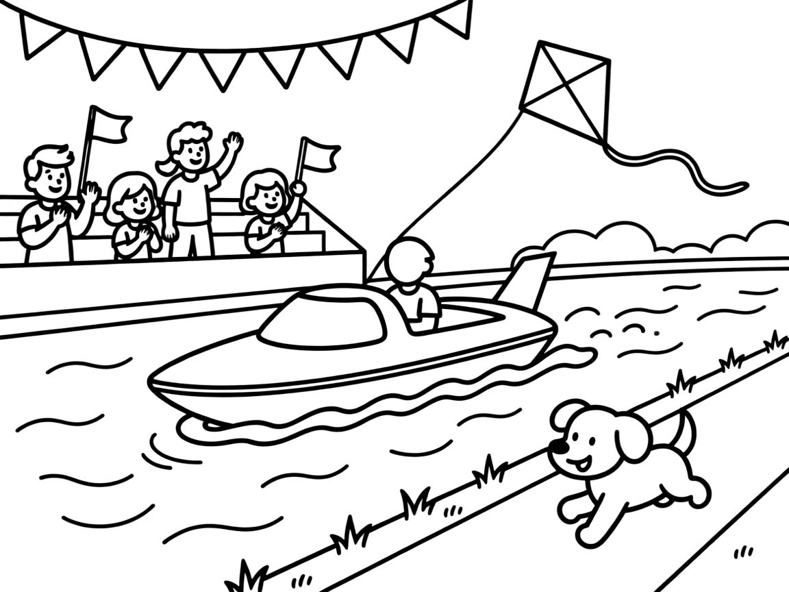 This page centers on a hydroplane racing boat skimming across the water exploring a race track lined with cheering fans in the grandstands, featuring an excited puppy chasing along the road and little extras like a string of triangle pennant flags overhead and a kite dancing in the breeze above.