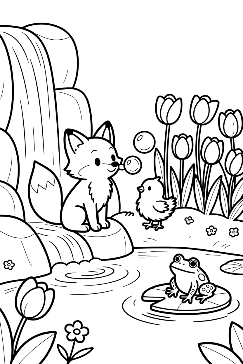 A tiny fox kit near a waterfall, blowing bubbles with a chick, next to a bed of tulips, while a curious frog watches from a lily pad.