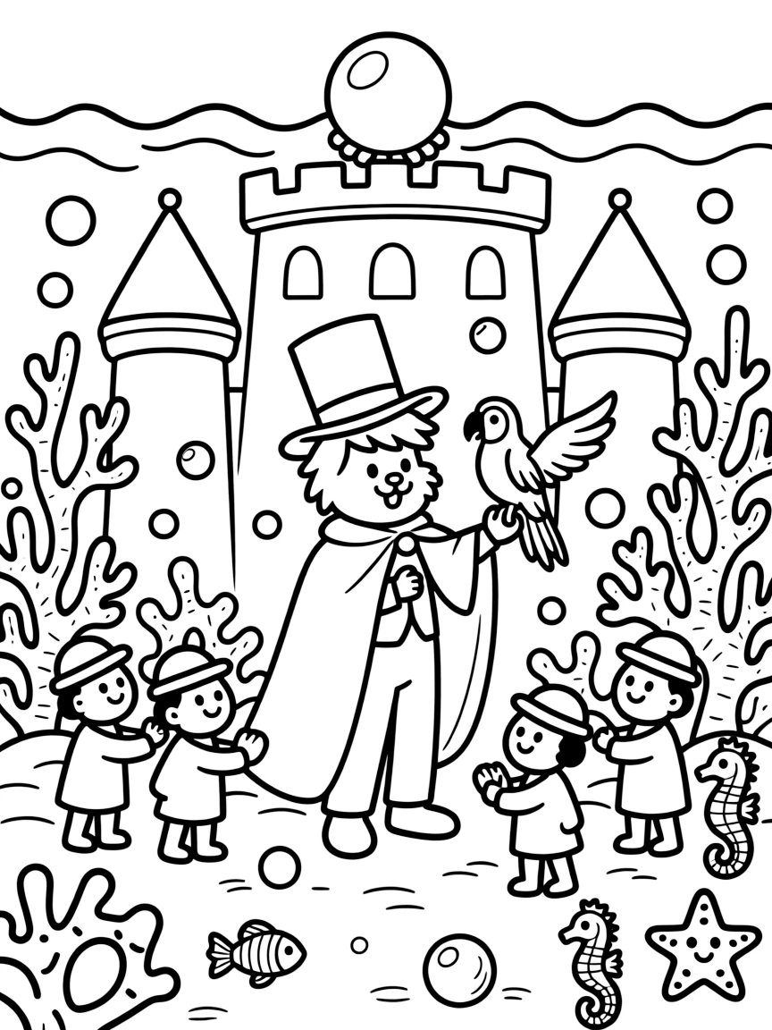 A mischievous rabbit magician takes a break from adventures to try training for a big race with a team of tiny helpers in an underwater castle built from coral and pearls, with a chatty parrot perched on one shoulder close behind. Every creature nearby wants to join in the fun.