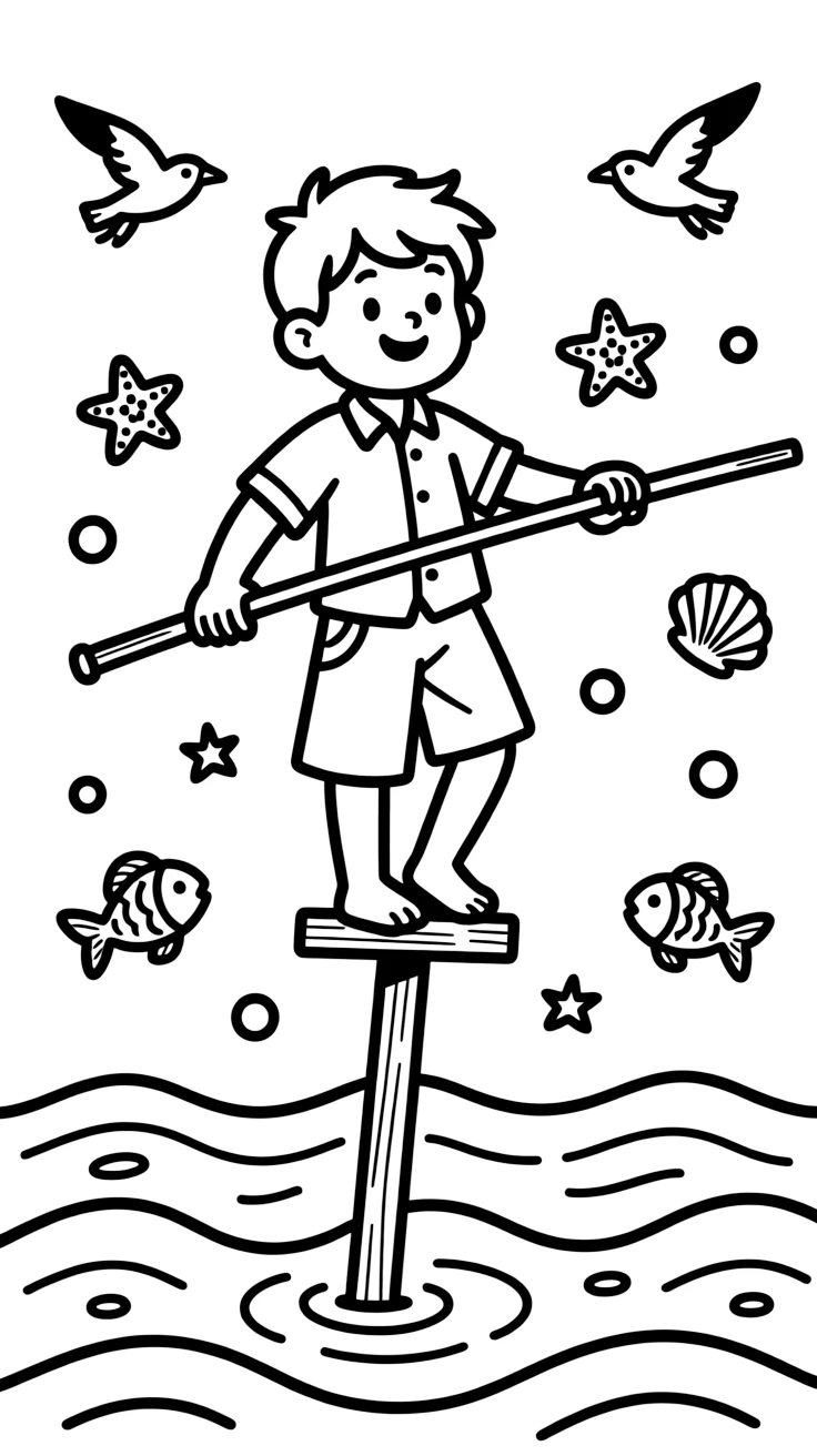A coloring page highlighting a beloved cultural symbol from Sri Lanka: a fisherman balancing on a tall wooden stilt above the ocean waves, displayed proudly with small decorative flourishes around it.