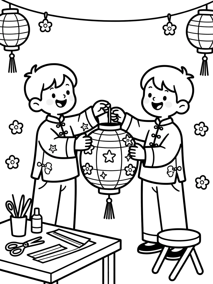 mischievous twin brothers decorate a paper lantern for a nighttime cultural festival parade.