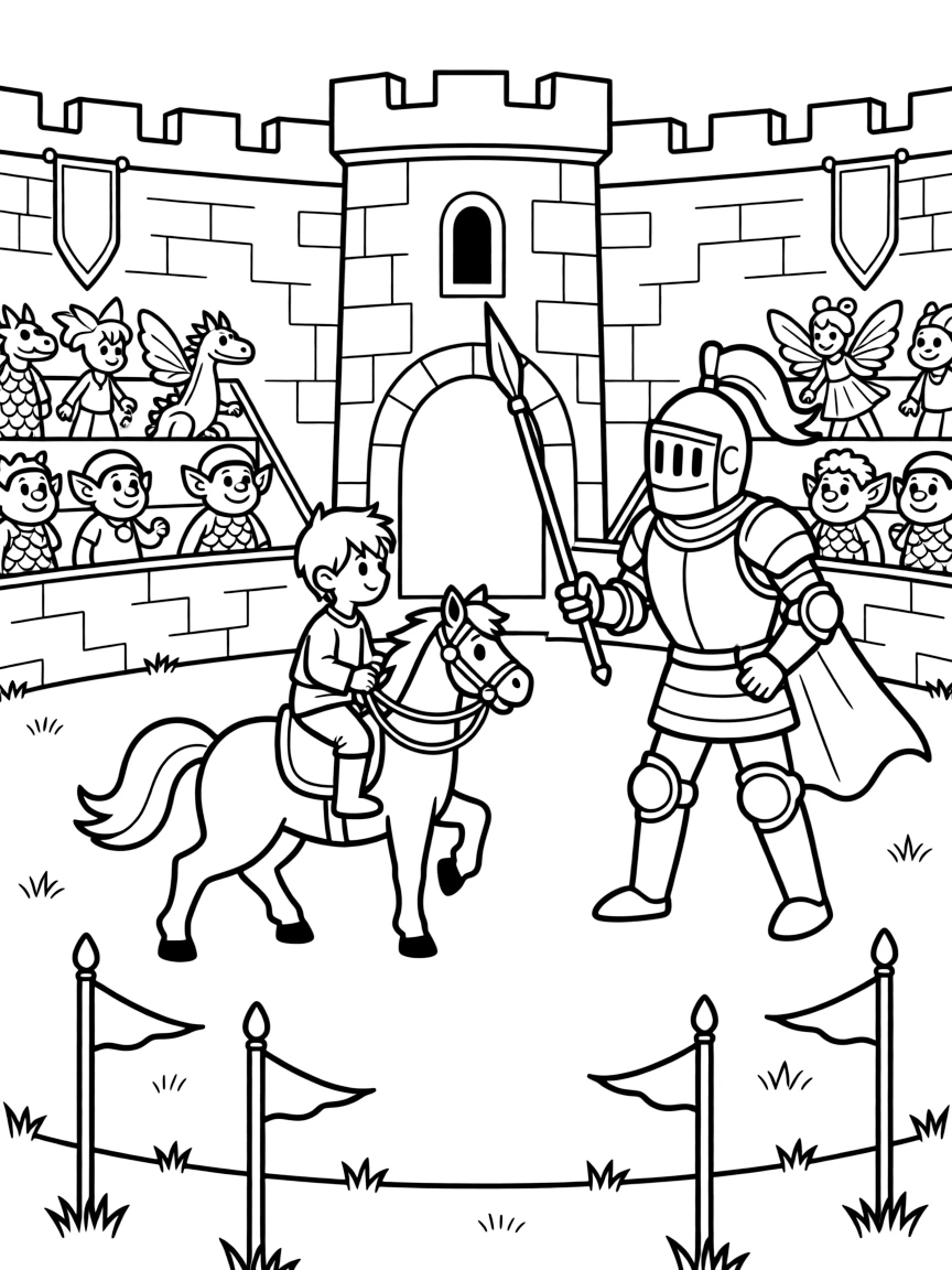A grand tournament unfolds in a castle arena as a young squire on a small but fierce pony jousts against a knight twice his size, crowds of fantasy creatures cheering from the stands.