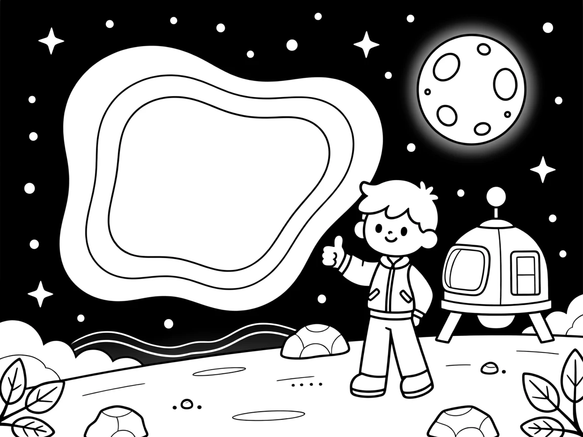 [Outer Space] A dynamic scene shows a colorful nebula swirling in the distance drifting silently through the void beside a distant space station, giving a confident thumbs-up. Close by, a moon glows softly nearby. Soft light glows from distant stars. The moment unfolds on a crisp autumn afternoon, with heat waves shimmering in the distance, filled with energetic detail perfect for a young colorist.