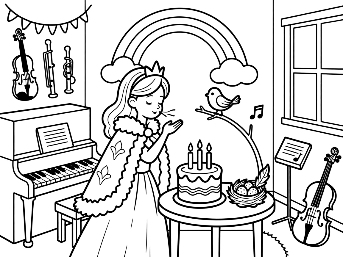 A young snow princess in a fur-trimmed cape is blowing out candles on a beautifully frosted cake inside a music room lined with instruments. Nearby, a tiny bird's nest tucked in a nearby branch and a soft rainbow arching overhead give the moment a cozy feel.